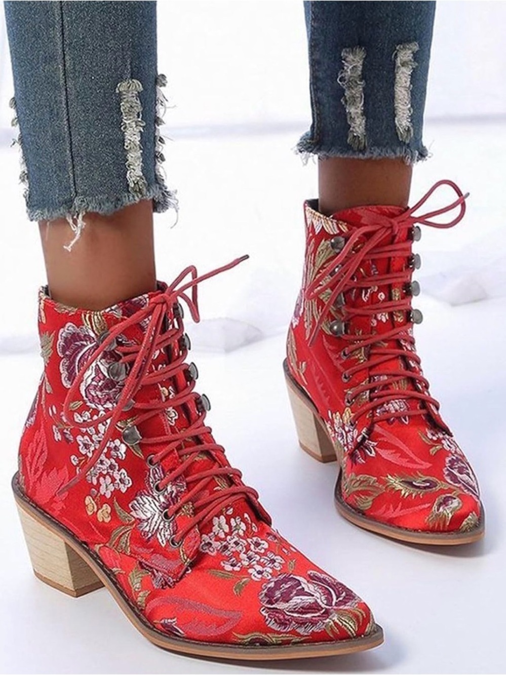 Red Floral Lace-Up Ankle Boots for Women